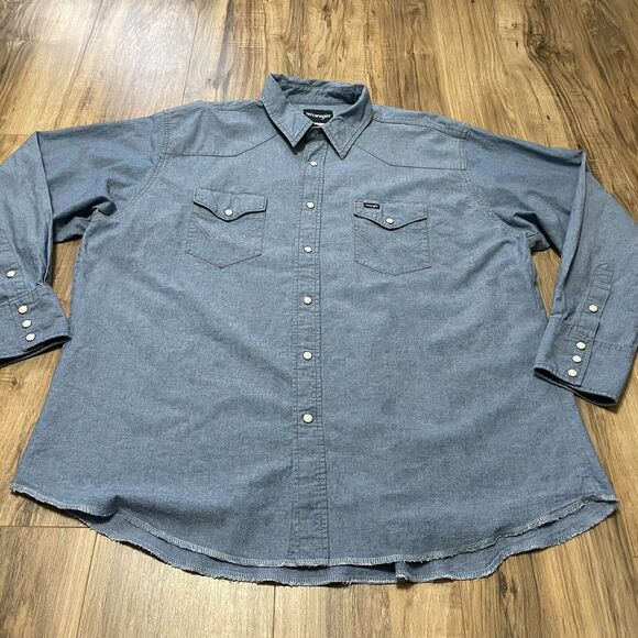 Wrangler Western Pearl Snap Light Wash Denim Long Sleeve Shirt Mens XXL - Picture 7 of 11